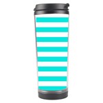 Horizontal Stripes - White and Bright Turquoise Travel Tumbler