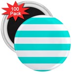 Horizontal Stripes - White and Bright Turquoise 3  Magnet (100 pack)