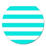 Horizontal Stripes - White and Bright Turquoise Magnet 5  (Round)