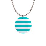 Horizontal Stripes - White and Cyan 1  Button Necklace