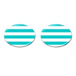 Horizontal Stripes - White and Cyan Cufflinks (Oval)