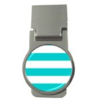 Horizontal Stripes - White and Cyan Money Clip (Round)