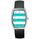 Horizontal Stripes - White and Cyan Barrel Style Metal Watch