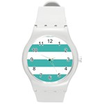 Horizontal Stripes - White and Verdigris Round Plastic Sport Watch (M)