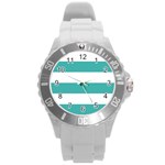 Horizontal Stripes - White and Verdigris Round Plastic Sport Watch (L)