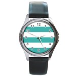 Horizontal Stripes - White and Verdigris Round Metal Watch