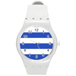 Horizontal Stripes - White and Cerulean Blue Round Plastic Sport Watch (M)