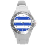 Horizontal Stripes - White and Cerulean Blue Round Plastic Sport Watch (L)