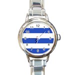 Horizontal Stripes - White and Cerulean Blue Round Italian Charm Watch