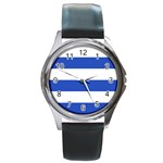 Horizontal Stripes - White and Cerulean Blue Round Metal Watch