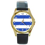 Horizontal Stripes - White and Cerulean Blue Round Gold Metal Watch