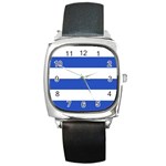 Horizontal Stripes - White and Cerulean Blue Square Metal Watch