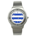 Horizontal Stripes - White and Cerulean Blue Stainless Steel Watch