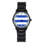 Horizontal Stripes - White and Cerulean Blue Stainless Steel Round Watch