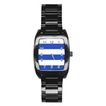 Horizontal Stripes - White and Cerulean Blue Stainless Steel Barrel Watch