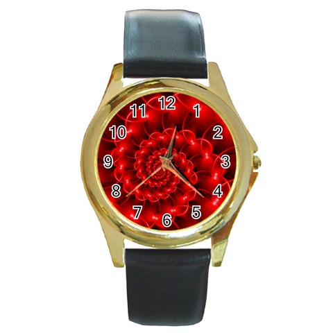 Glossy Red Spiral Fractal Round Gold Metal Watch from ArtsNow.com Front