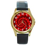 Glossy Red Spiral Fractal Round Gold Metal Watch