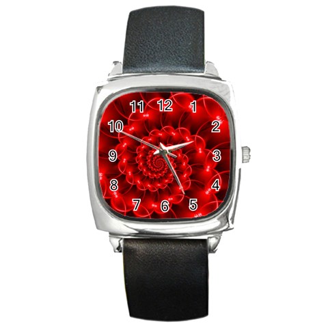 Glossy Red Spiral Fractal Square Metal Watch from ArtsNow.com Front