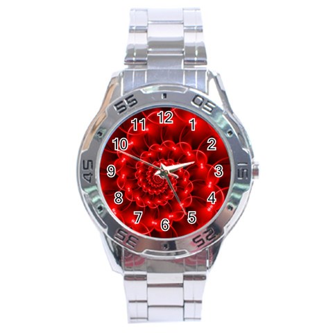 Glossy Red Spiral Fractal Stainless Steel Analogue Watch from ArtsNow.com Front