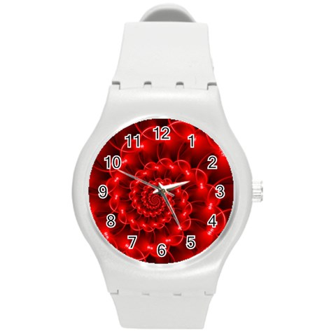 Glossy Red Spiral Fractal Round Plastic Sport Watch (M) from ArtsNow.com Front