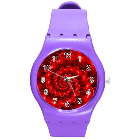 Glossy Red Spiral Fractal Round Plastic Sport Watch (M) from ArtsNow.com Front