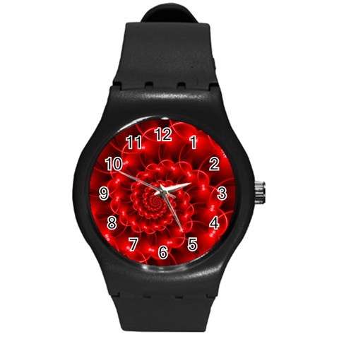 Glossy Red Spiral Fractal Round Plastic Sport Watch (M) from ArtsNow.com Front