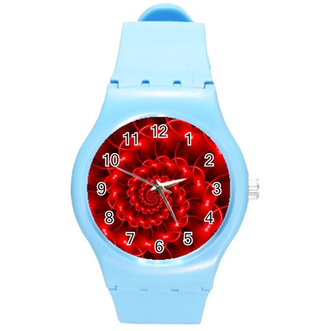 Glossy Red Spiral Fractal Round Plastic Sport Watch (M) from ArtsNow.com Front