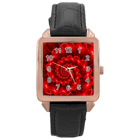 Glossy Red Spiral Fractal Rose Gold Leather Watch  from ArtsNow.com Front