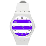 Horizontal Stripes - White and Indigo Violet Round Plastic Sport Watch (M)