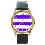 Horizontal Stripes - White and Indigo Violet Round Gold Metal Watch