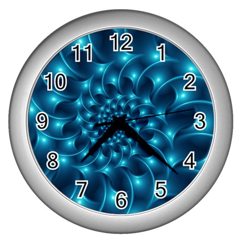 Glossy Light Blue Spiral Fractal Wall Clock (Silver) from ArtsNow.com Front