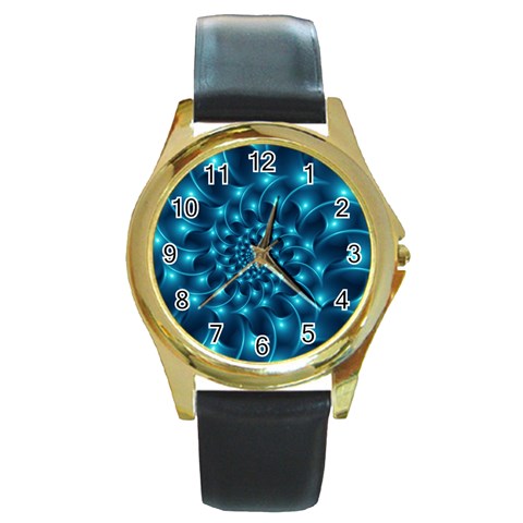 Glossy Light Blue Spiral Fractal Round Gold Metal Watch from ArtsNow.com Front