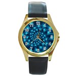 Glossy Light Blue Spiral Fractal Round Gold Metal Watch