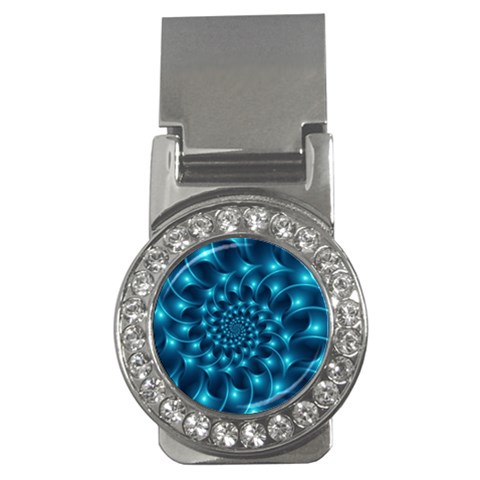 Glossy Light Blue Spiral Fractal Money Clip (CZ) from ArtsNow.com Front