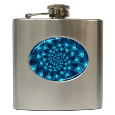 Glossy Light Blue Spiral Fractal Hip Flask (6 oz) from ArtsNow.com Front