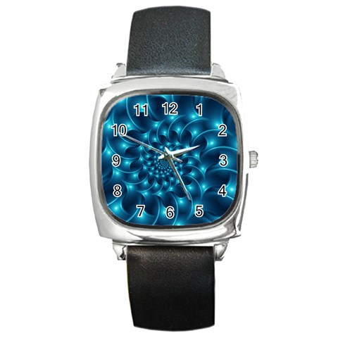 Glossy Light Blue Spiral Fractal Square Metal Watch from ArtsNow.com Front