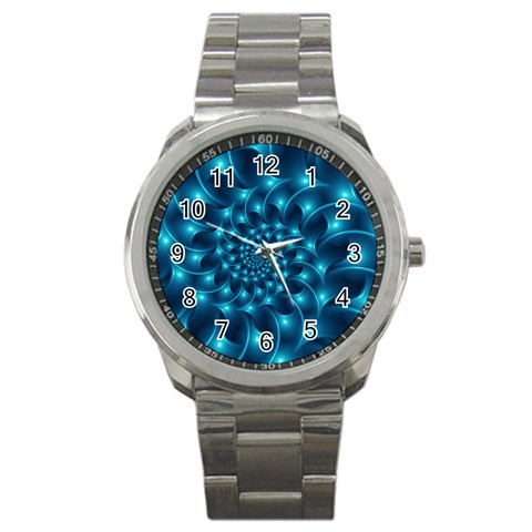 Glossy Light Blue Spiral Fractal Sport Metal Watch from ArtsNow.com Front