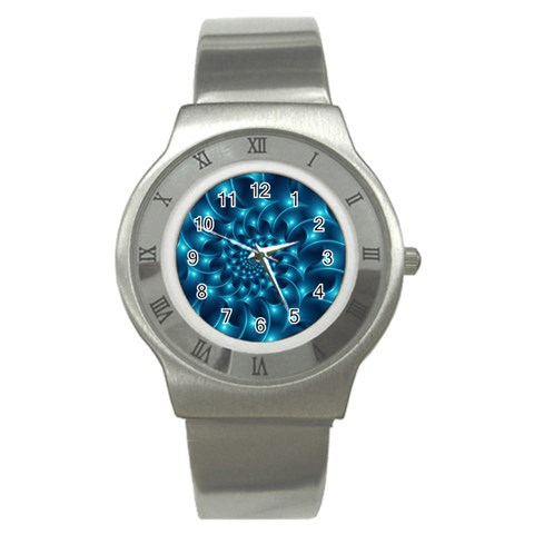 Glossy Light Blue Spiral Fractal Stainless Steel Watch from ArtsNow.com Front