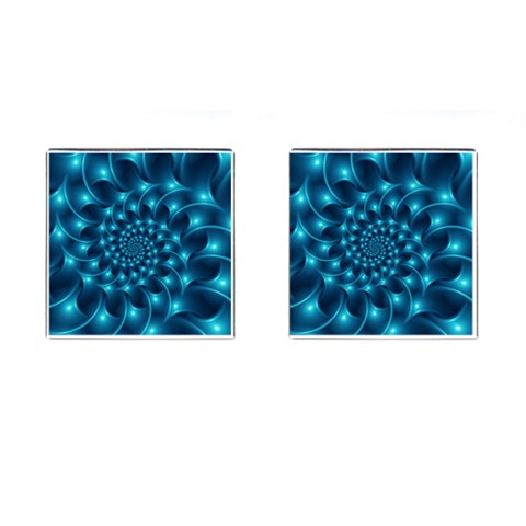 Glossy Light Blue Spiral Fractal Cufflinks (Square) from ArtsNow.com Front(Pair)