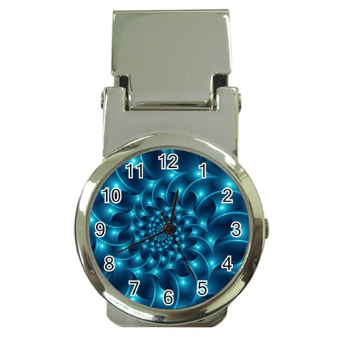 Glossy Light Blue Spiral Fractal Money Clip Watch from ArtsNow.com Front