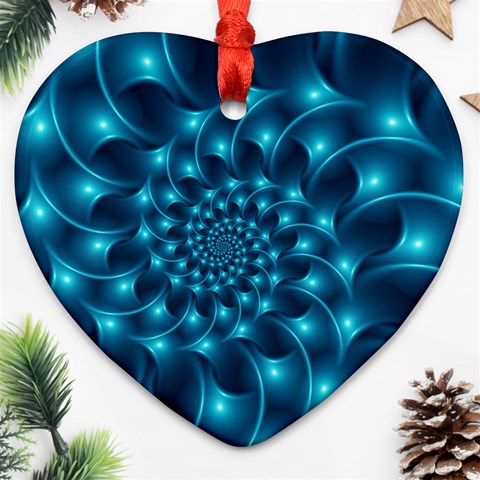 Glossy Light Blue Spiral Fractal Heart Ornament (Two Sides) from ArtsNow.com Front