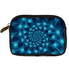 Glossy Light Blue Spiral Fractal Digital Camera Leather Case from ArtsNow.com Front