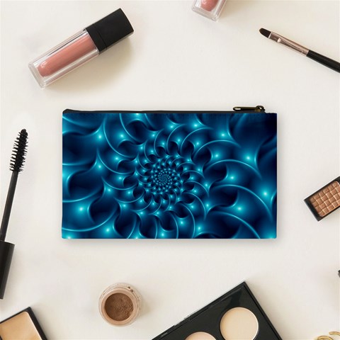 Glossy Light Blue Spiral Fractal Cosmetic Bag (Small) from ArtsNow.com Back