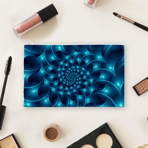 Glossy Light Blue Spiral Fractal Cosmetic Bag (Medium) from ArtsNow.com Front