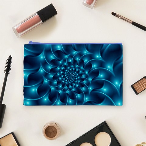 Glossy Light Blue Spiral Fractal Cosmetic Bag (Medium) from ArtsNow.com Front