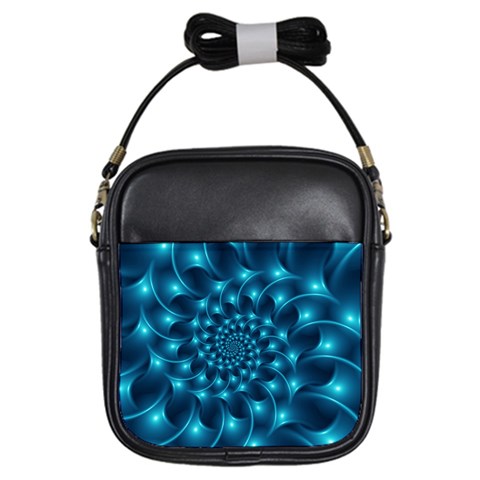 Glossy Light Blue Spiral Fractal Girls Sling Bag from ArtsNow.com Front