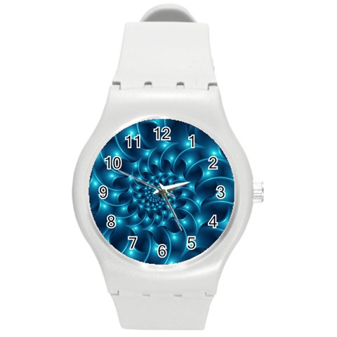 Glossy Light Blue Spiral Fractal Round Plastic Sport Watch (M) from ArtsNow.com Front