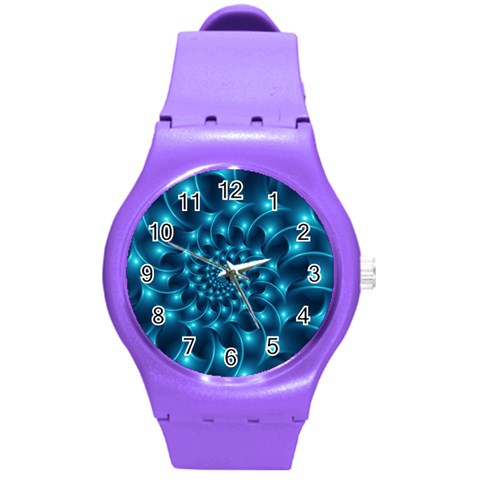 Glossy Light Blue Spiral Fractal Round Plastic Sport Watch (M) from ArtsNow.com Front