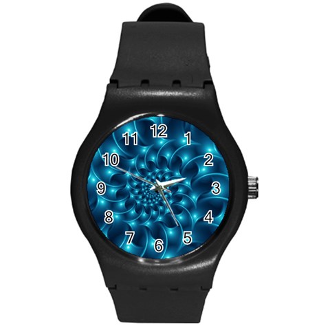 Glossy Light Blue Spiral Fractal Round Plastic Sport Watch (M) from ArtsNow.com Front