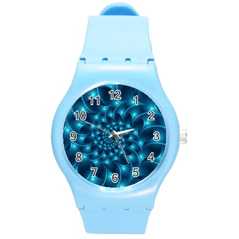 Glossy Light Blue Spiral Fractal Round Plastic Sport Watch (M) from ArtsNow.com Front